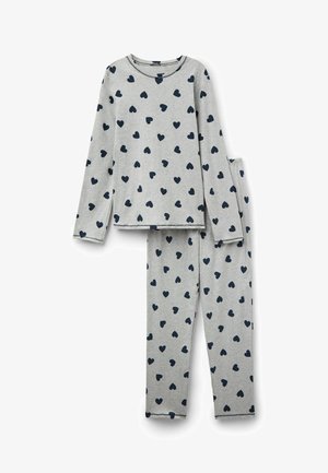 Grau gestreiftes Pyjama-Set aus weichem Stoff. Langärmliges Oberteil und Hose mit navyblauen Herzmustern. Einfacher runder Ausschnitt und elastischer Bund.