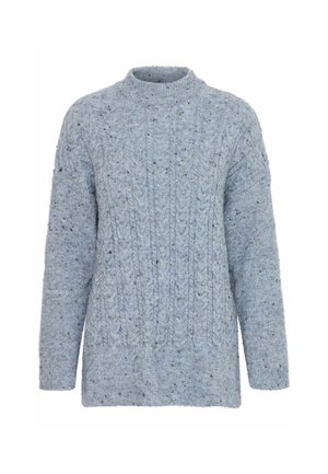 Halli kudum sinises värvitoonis, kõrge kaelusega ja pikkade varrukatega. Tekstuur on pehme ja udupakk, tumeheledate laikudega.