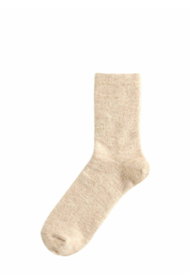 Beige Wollsocke mit geripptem Bündchen, nahtloser Zehenpartie und weicher Textur, die eine klassische gerade Form ohne auffällige Muster aufweist.