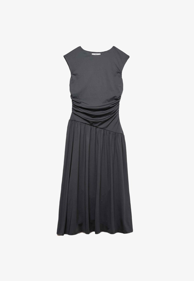 Czarna szara sukienka bez rękawów z dopasowanym gorsetem, marszczonym materiałem w talii i rozkloszowanym dołem. Gładki materiał z minimalnymi detalami.
