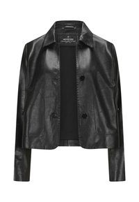 Schwarze Lederjacke mit Kragen, vorderer Knopfleiste und zwei Seitentaschen. Glatte Textur mit einem eleganten Finish.