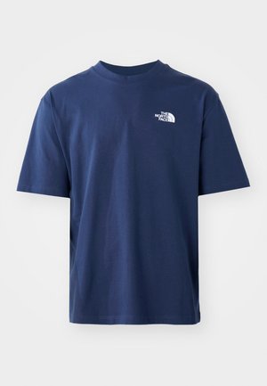 Navy blue cotton t-shirt with a crew neck, short sleeves, and a white logo on the upper left chest. Smooth texture, standard fit.