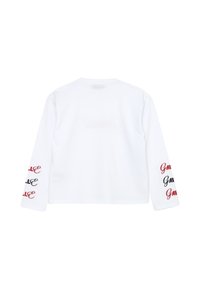 Camicia bianca a maniche lunghe con testo rosso e nero "Game" su entrambe le maniche. Tessuto di cotone liscio con scollatura a girocollo e orlo dritto.