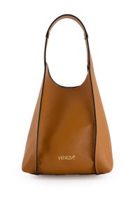 Braune Leder-Schultertasche mit einer weichen, strukturierten Oberfläche. Sie hat eine abgerundete Oberseite, kontrastierende schwarze Verzierungen und ein geprägtes "VENEZIA"-Logo.