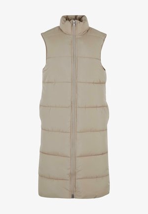 Beżowa kamizelka bez rękawów w stylu puchowym, z wysokim kołnierzem, z zamkiem błyskawicznym z przodu i poziomym pikowaniem. Wykonana z miękkiego, izolowanego materiału.