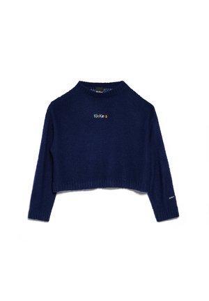 Maglione accorciato blu navy realizzato in tessuto lavorato a maglia, con colletto tondo e ricamo multicolore "Kickers" sul petto.