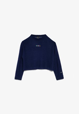 Maglione accorciato blu navy realizzato in tessuto lavorato a maglia, con colletto tondo e ricamo multicolore "Kickers" sul petto.