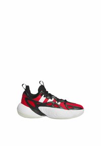 Scarpe sportive rosse e nere con una tomaia in tessuto testurizzato, suola intermedia bianca e design a ritaglio unici lungo i lati. Lacci neri e linguette.