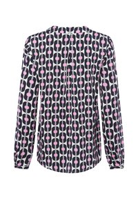 Langarmblouse in marineblauw met een doorgedrukt patroon van roze cirkels en witte lijnen, voorzien van een rugplooitje en knoopmanchetten.