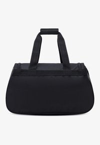 Black duffel bag with dual fabric handles, rounded shape, zip closure, and flat bottom for stability. Smooth texture without visible patterns.