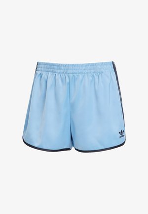 Light blue athletic shorts with an elastic waistband, dark blue side stripes, and black logo detailing at the hem. Smooth texture.