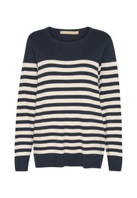 Jūras flotes un krēmkrāsas svītrains džemperis ar adījuma tekstūru, apaļu dekoltē un garām piedurknēm. Iezīmē horizontālas svītras un ribotās aproces.