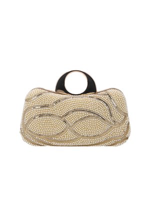 Pieni suorakaiteen muotoinen clutch-laukku, koristeltu helmillä ja metallisilla viivoilla, jossa pyöreä kullanvärinen metallikahva yläosassa.