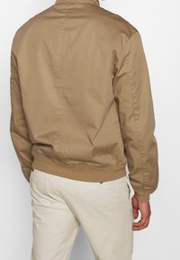 Hellbrauner Bomberjacke aus glattem Stoff, mit einem gerippten Saum und Bündchen, minimalistisches Design ohne sichtbare Logos.