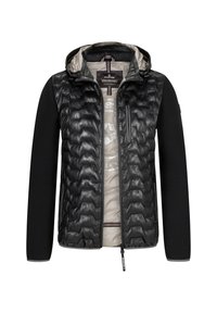 Schwarze Puffjacke mit einer strukturierten, gesteppten Vorderseite, einfarbigen schwarzen Ärmeln, einer Oberfläche aus Kunstleder und einem hellen Innenfutter.