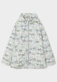 Leichtgewichtige Jacke mit Floral-Muster in hellgrün, ausgestattet mit Kapuze, vorderem Reißverschluss und zwei großen Taschen mit elastischen Manschetten.