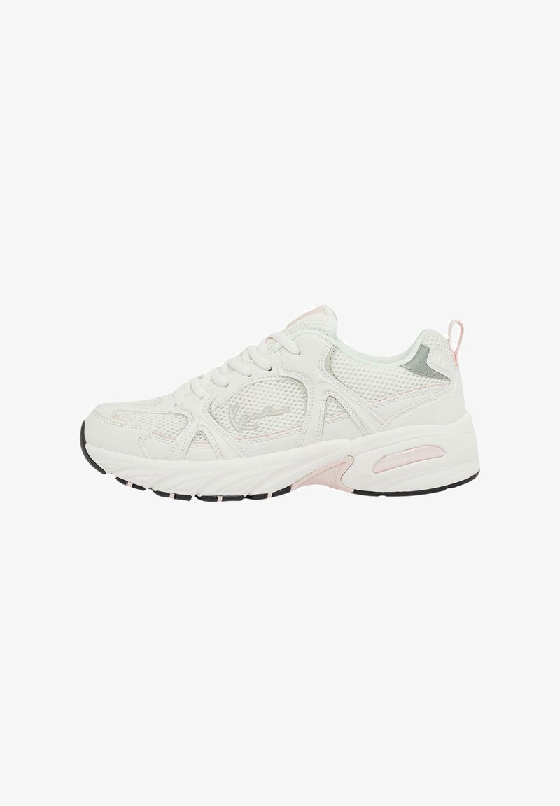 White athletic sneaker featuring mesh panels, reinforced toe, pink accents, and a thick rubber sole with black tread. Laces for secure fit.