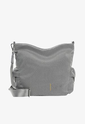 Gray fabric shoulder bag with a textured surface, curved top, adjustable strap, and a distinctive yellow logo detail.