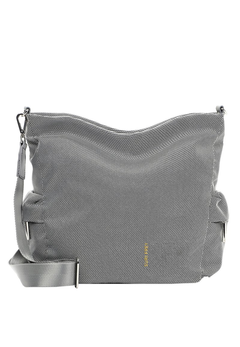 Borsa a spalla in tessuto grigio con superficie testurizzata, parte superiore curva, tracolla regolabile e un distintivo dettaglio del logo giallo.