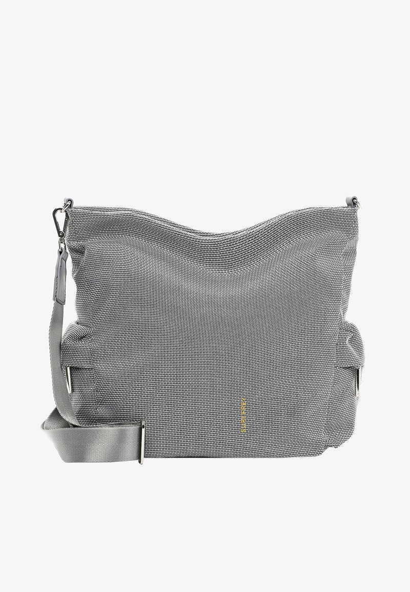 Borsa a spalla in tessuto grigio con superficie testurizzata, parte superiore curva, tracolla regolabile e un distintivo dettaglio del logo giallo.