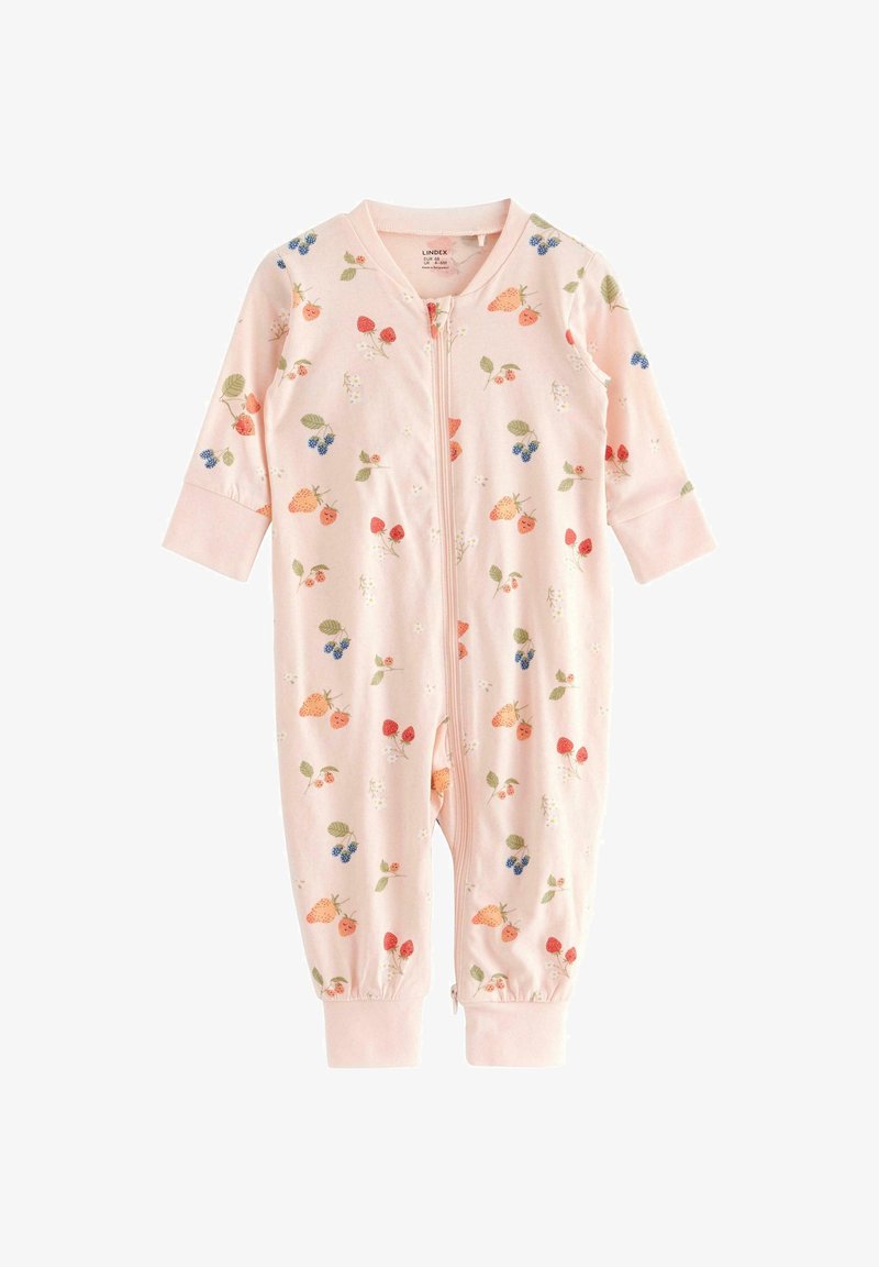 Body de bébé rose clair avec une fermeture éclair à l'avant, orné d'un motif floral de fraises, de bleuets et de feuilles, fabriqué en coton doux.