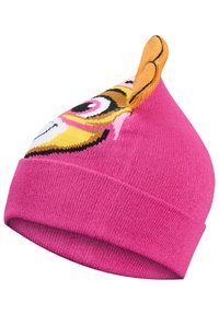 Beanie a maglia di un vivace rosa acceso con design di faccia di animale cartone, dotato di grandi occhi e piccole orecchie. Texture morbida, vestibilità aderente, accenti di colore giocosi.