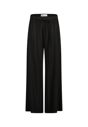 Sorte bukser med vidde i benene lavet af blødt stof, med elastik i taljen og snøre for justerbar pasform samt en glat, flydende tekstur.