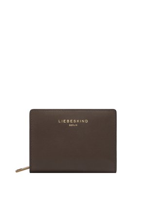 Dunkelbraune Lederbrieftasche mit goldenem Reißverschluss und "Liebeskind Berlin" in goldener Schrift mittig auf der Vorderseite gedruckt.