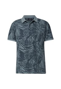 Camisa polo de manga corta en azul oscuro con un patrón texturizado de hojas; cuenta con un cuello de solapa y detalles en azul claro que contrastan.