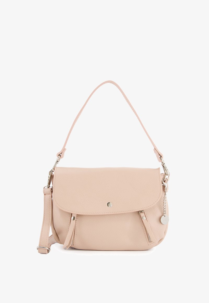 Pink leather handbag with a curved shoulder strap, flap closure, and front zip pockets. Smooth texture with subtle stitching and silver accents.