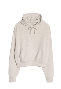 Sudadera corta de color beige claro con bolsillo frontal, capucha con cordón ajustable, puños acanalados y texto blanco sutil en el pecho.