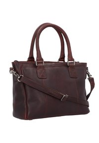 Sac à main en cuir marron foncé avec deux poignées arrondies, une bandoulière ajustable et des détails en métal argenté. Présente une surface texturée et des accents piqués.