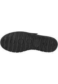 Schwarze Schuhsohle mit strukturiertem Muster, ausgestattet mit kreisförmigen Akzenten und Greiflinien. Flache Oberfläche, die für Traktion und Stabilität ausgelegt ist.