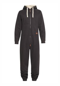 Pijama con capucha negra elaborado con una tela suave, que cuenta con un cierre completo, bolsillos frontales y puños acanalados, con un forro beige en contraste.