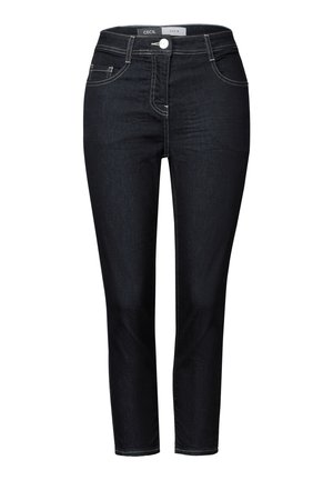Jean en denim bleu foncé au design ajusté, avec cinq poches et des coutures en contraste. Le tissu a une texture lisse et légèrement extensible.