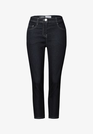 Dunkelblaue Denim-Jeans mit einer figurbetonten Passform, fünf Taschen und kontrastierenden Nähten. Der Stoff hat eine glatte, leicht dehnbare Textur.