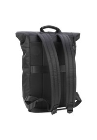 Zaino nero con spallacci regolabili imbottiti, pannello posteriore in rete traspirante e maniglia superiore, visibile dal retro.