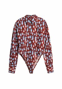 Body cu mâneci lungi dintr-un material roșu, cu un model format din forme în formă de picătură albastre și albe, având guler ascuțit și închidere cu nasturi.