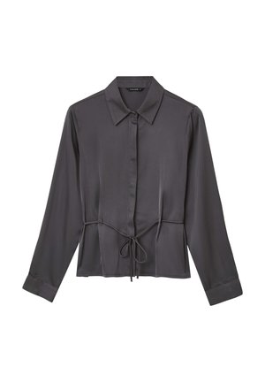 Camicia a maniche lunghe grigio scuro con colletto e lacci in vita sul davanti, realizzata in tessuto morbido.