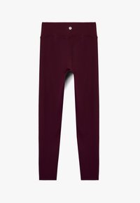 Bordeaux leggings gemaakt van rekbaar materiaal. Beschikt over een hoge tailleband en een gladde textuur met een klein logo aan de achterkant.