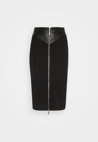 Černá tužková sukně s pasem z umělé kůže, zadním zipem a hladkým textilním povrchem. Sukně je střední délky.