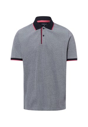 Szara koszulka polo z krótkim rękawem, czarnym kołnierzykiem i mankietami rękawów, ozdobiona różowym paskiem i dwoma czarnymi guzikami na listwie.