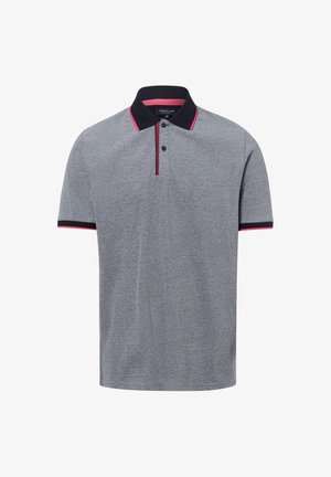 Grijs polo-shirt met korte mouwen, zwarte kraag en mouwboorden, met roze rand en twee zwarte knopen op de knoopsluiting.