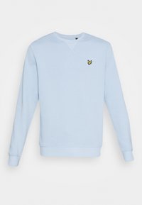 Světle modrá mikina vyrobená z bavlněné směsi, s dlouhými rukávy, kulatým výstřihem a malým žlutým ptáčkem na prsou.