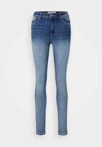 Jeans ajustados de mezclilla clara con un efecto degradado de azul oscuro a azul claro. Cuentan con cinco bolsillos y pasadores para cinturón, con un desvanecimiento sutil.