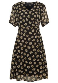 Robe noire à manches courtes, décolleté en V, motif floral en blanc et vert, tissu léger, forme fluide, ourlet au genou.