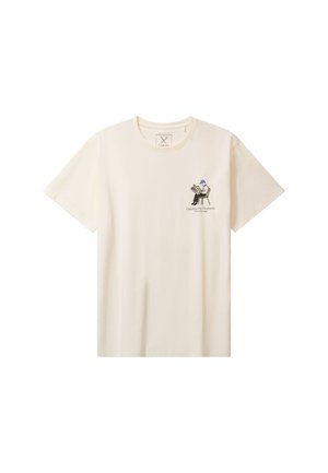 Flødefarvet bomulds t-shirt med en grafisk illustration af en person, der sidder og læser, med teksten "Minding my business."