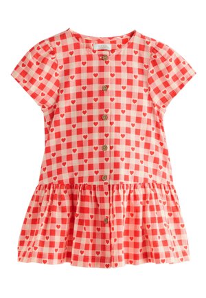 Vestito a maniche corte a quadretti rossi e bianchi con piccoli cuori rossi, bottoni sul davanti e orlo arricciato con volant.