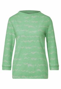 Maglione verde a coste con una texture morbida, caratterizzato da un delicato motivo a onde bianche, scollatura rotonda e maniche lunghe.