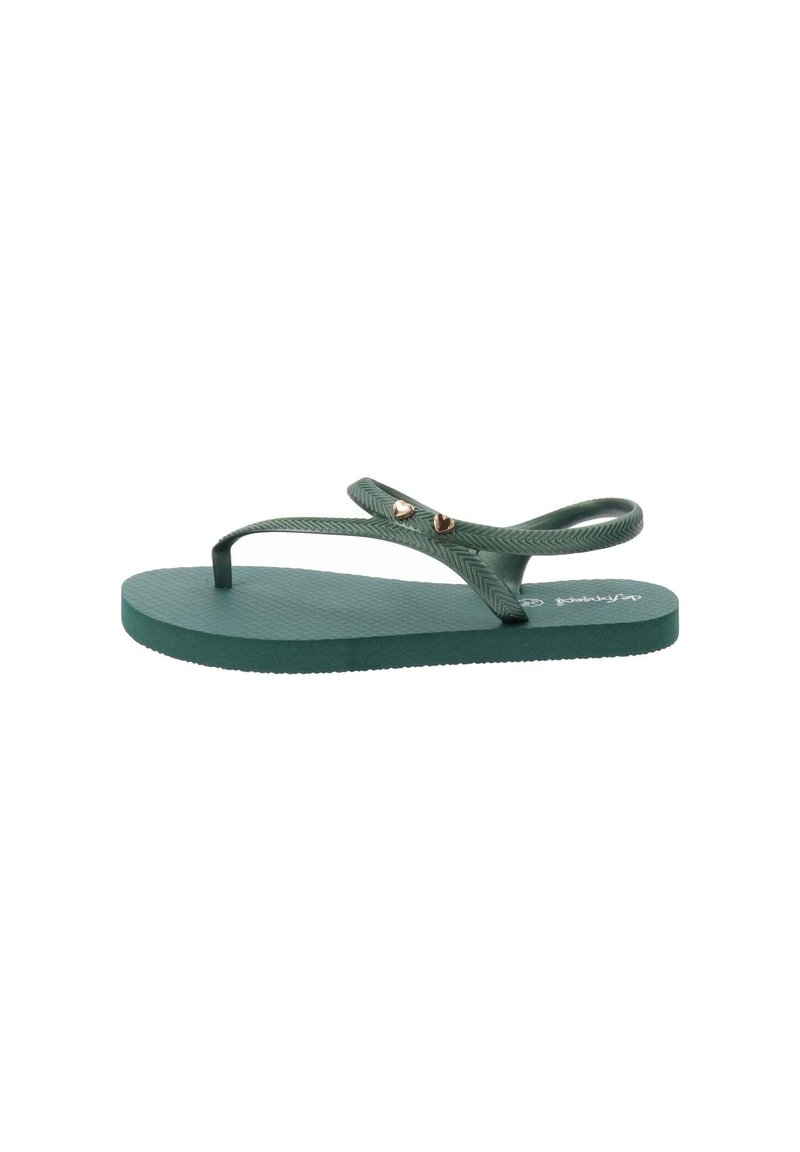 Chanclas de goma verdes con suela texturizada, tiras en forma de T y tachuelas doradas. Diseño ligero con suela plana.